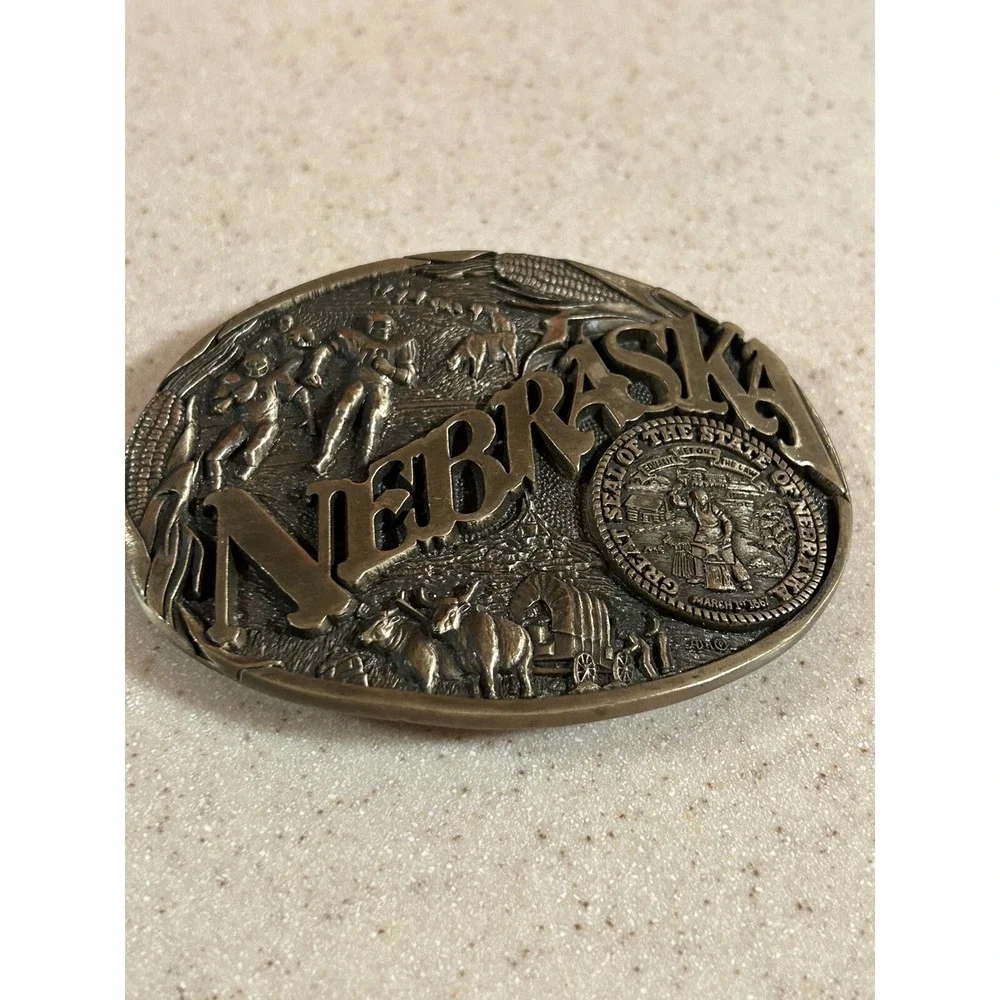Brass Nebraska Belt Buckle State Seal Football Vtg 80s Award‎ Design Medals